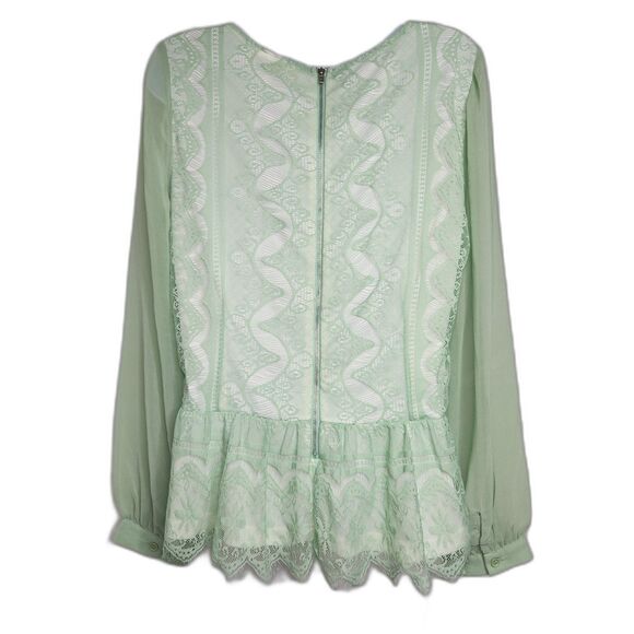 Sweet Rain Floral Lace Peplum Blouse Sheer Long Sleeves Soft Green Sz. L Fairy - Picture 5 of 9